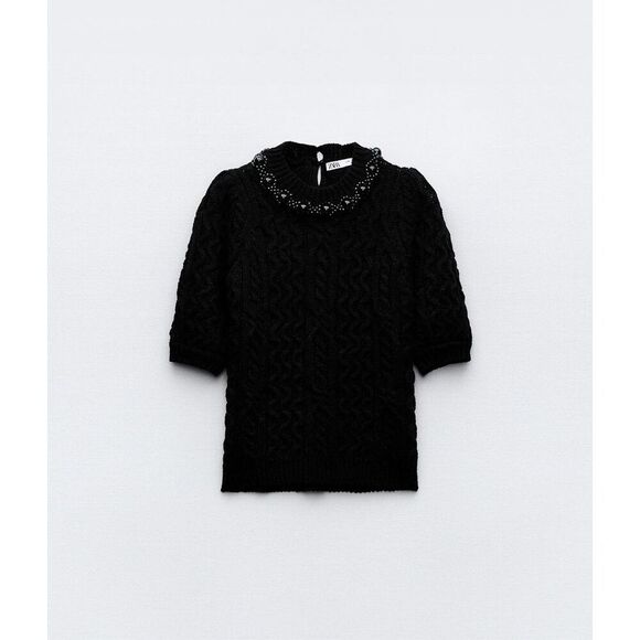 ZARA High Collar Cable Knit Sweater With Tonal Beads & Shorts Sleeves - Picture 3 of 12
